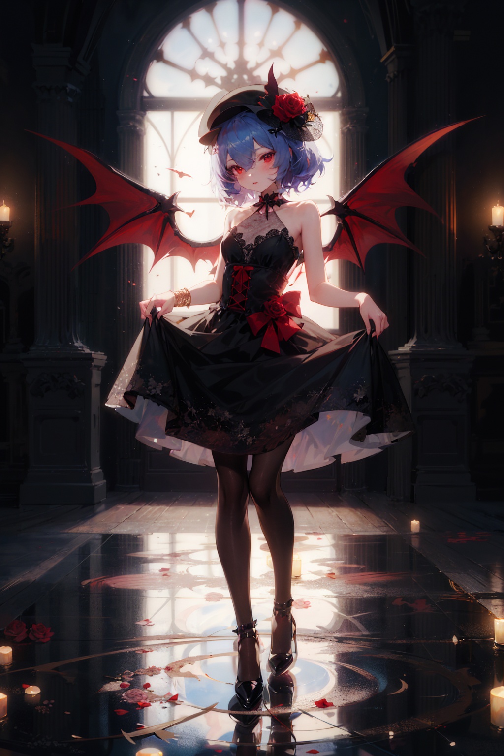 masterpiece,best quality,(ray tracing, reflection light),(Light shines on the characters),1girl, wings, bat_wings, remilia_scarlet, demon_wings, dress, solo, hat, white_legwear, red_rose, top_hat, pantyhose, rose, high_heels, depth_of_field, hair_ornament, red_flower, mini_hat, black_dress, bare_shoulders, red_eyes, flower, mini_top_hat, alternate_costume, bare_arms, standing, black_footwear, tilted_headwear, skirt_hold, Castle,