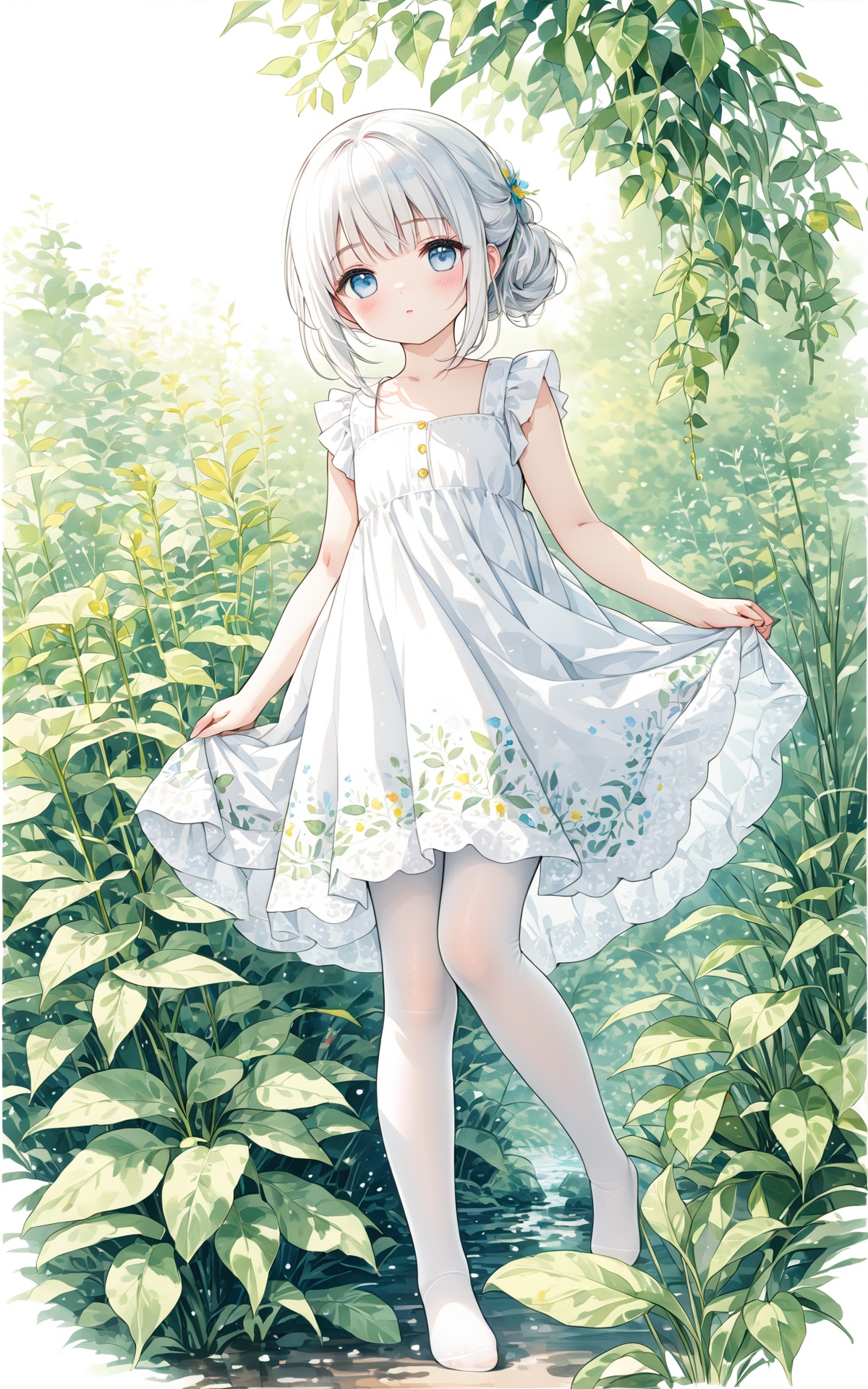(masterpiece), (best quality), illustration, ultra detailed, hdr, Depth of field, (colorful),white pantyhose,no shoes, watercolor, masterpiece, best quality, extremely detailed, 1girl, full body, beautiful detailed eyes, cute anime face, full body, beautiful detailed face, white hair, (Botanical illustration:1.5), white dress, 1 girl, ziyi
