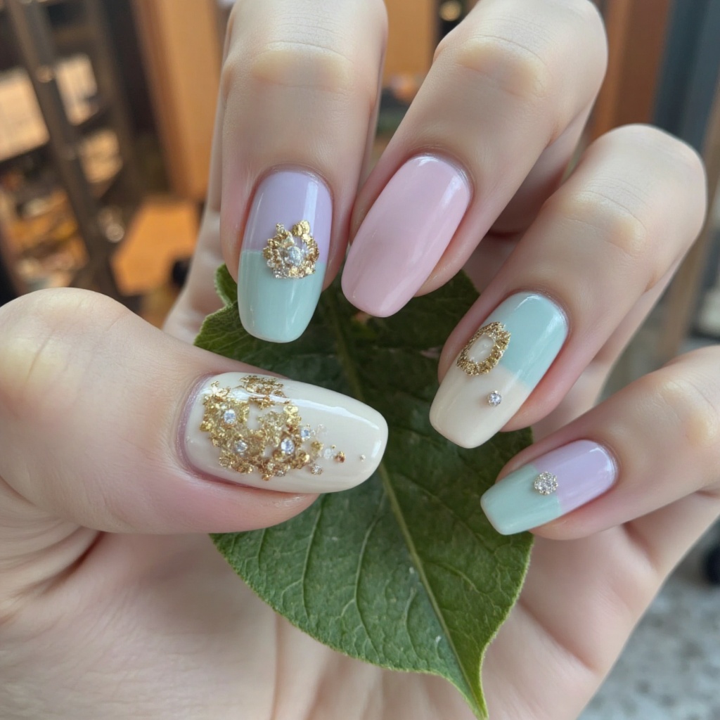 A close-up of a hand with macaron-inspired nails,each finger featuring a different pastel color—soft mint,blush pink,lavender,baby blue,and creamy yellow. The nails shimmer with golden flakes and glitter,exuding a glossy sheen under soft light. Tiny diamonds are delicately embedded for added luxury. The hand holds a delicate green leaf in its palm,evoking a sense of nature and tranquility. A subtle tea aroma fills the air. Realistic skin texture adds depth,while the slightly blurred background focuses attention on the vibrant yet soothing nail art. Warm,natural lighting highlights every sparkle and reflection,creating an elegant,dreamy atmosphere.,