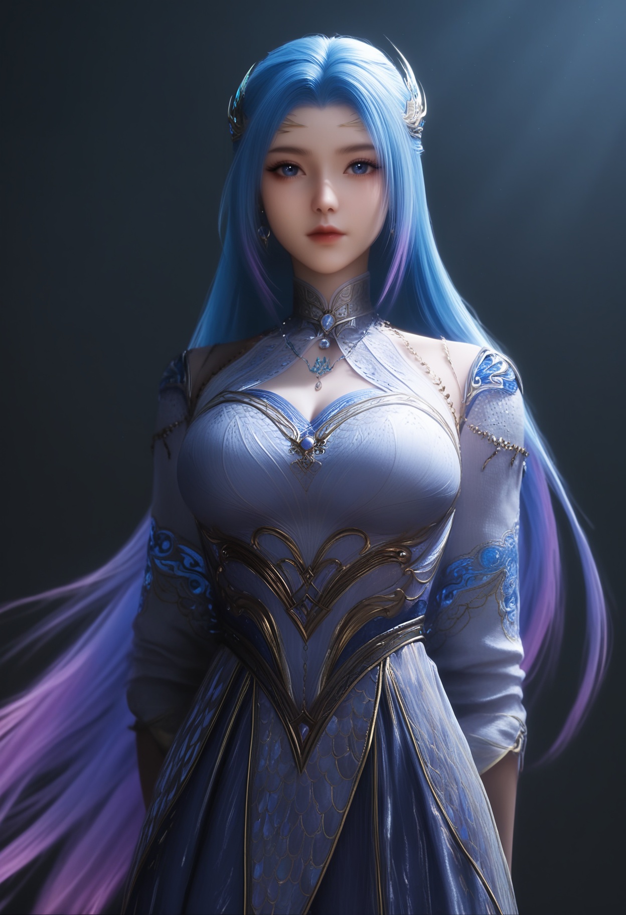 masterpiece,best quality,absurdres,highres,BREAK(glamor:1.1),slender,1girl,solo,<lora:唐舞桐-ill:0.82>,long hair,blue hair,hair ornament,gradient hair,blue eyes,jewelry,earrings,necklace,high collar,clothing cutout,dress,detached sleeves,(large breasts),looking at viewer,front view,cowboy shot,standing,arms behind back, BREAKsimple background,black background,rim light,Tyndall effect,Volumetric Lighting,Cinematic Lighting,realistic,