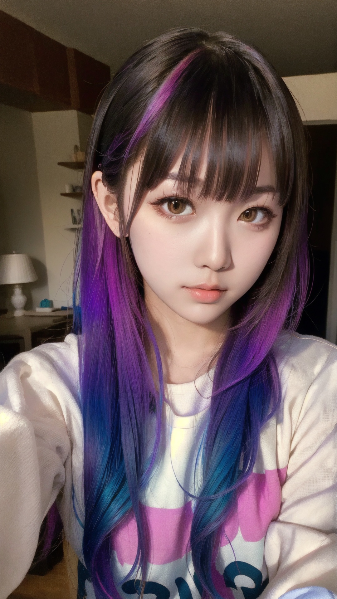 long hair,bangs,high-resolution image,natural light,Asian ethnicity,young woman,(masterpiece:1.1),(highest quality:1.1),(HDR:1),really wild hair,mane,multicolored hairlighting,(from front:0.6),