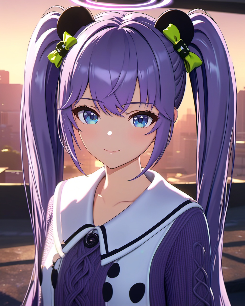 <lora:xiangwan-asoul-a3d:0.6>,ray tracing,very aesthetic,aesthetic,amazing quality,best quality,hight,hight quality,masterpiece,highres BREAKVolumetric Lighting,Cinematic Lighting,background light,moody lighting,dusk,1girl,twintails,solo,blue eyes,smile,purple sweater dress,panda ears,white sailor dress,purple hair,long hair,looking at viewer,halo,bangs,upper body,green hair scrunchie,