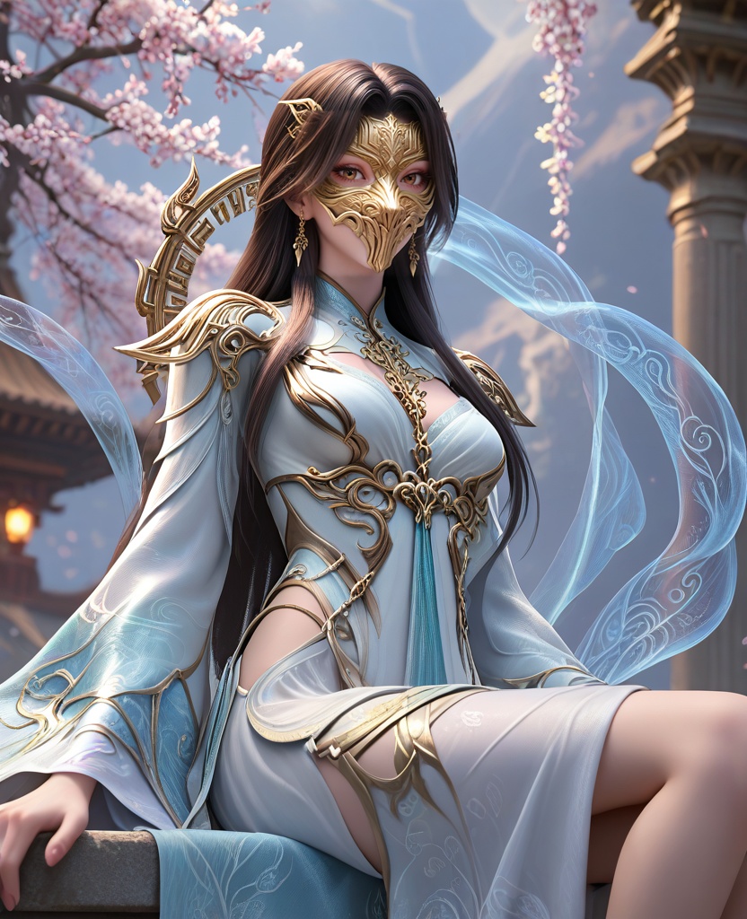 (oriental architecture, elegant decor, sophisticated style:1.1),Sitting with legs folded under, hands on the knees,,(breasts:1.2),<lora:XL16完美世界狠人大帝:0.95>,miss henren,white high-slit corset gown,brown eyes,black hair,very long hair,long front strands,earrings,jewelry,wide flowing sleeves,hagoromo,bronze mask,, zPDXL2, score_9, score_8_up, score_7_up BREAK realistic, masterpiece,best quality, highly detailed,, zPDXL3, zPDXL2,zPDXL, zPDXLxxx, zPDXLrl,