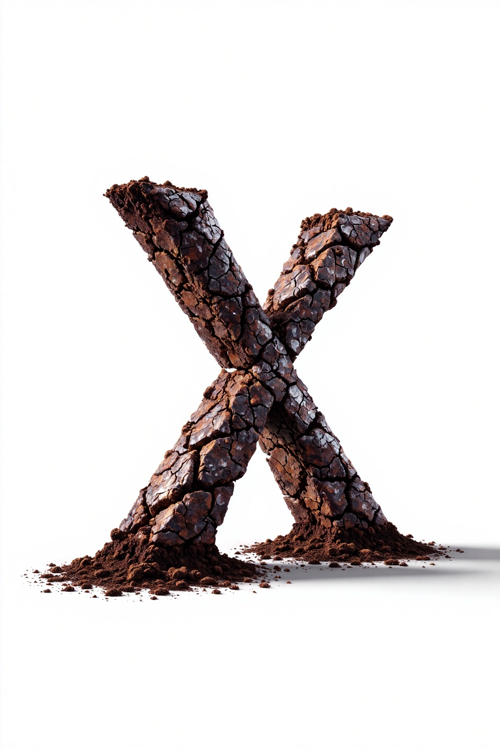 beijihui,3D icon design of letter 'X', **** of moist earth cracked post-rain with clay fissures and dark soil contrast, hyperrealistic, hyperdetail, front view, studio lighting, 100mm lens, white solid background