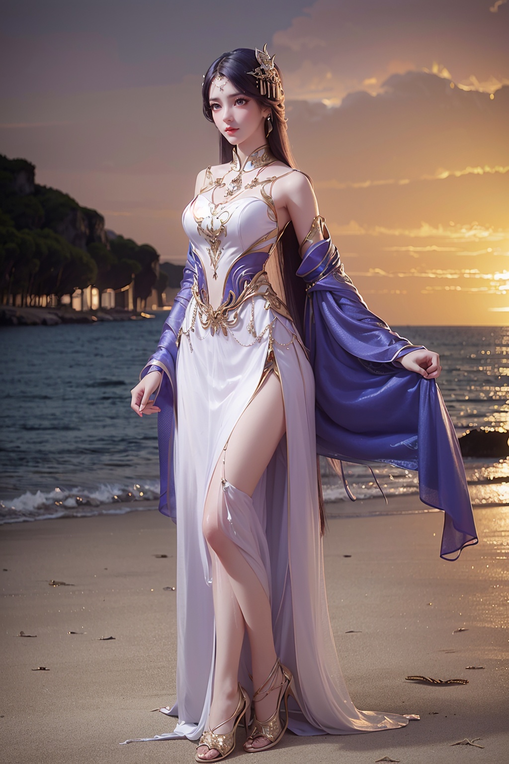 wanmei\(yunxi\),chinese dress,1girl,solo,full body,<lora:yunxi_v3:0.6>,beach,standing,