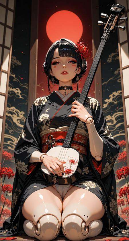 1girl,puppet girl,doll joints,mature female,solo,kimono,japanese clothes,hair ornament,playing a shamisen,red spider lily flower,obi,abstract background,makeup,very awa,masterpiece,best quality,highres,absurdres,newest,aesthetic,intricate kimono,goth,choker,looking at viewer,seiza,shadow,(((5 fingers))),micro fundoshi,cameltoe,blushing stickers,short puppet bobcut,long puppet bobcut,thick outlines,thick thighs,below perspective,thicc_thighs,wide hips,limited_palette,beautiful mature woman,seductive 80's anime-style,(dynamic pose,intense lighting,depth of field,dynamic composition,dutch angle,detailed backgroud,foreshortening,blurry edges,),, masterpiece,best quality,amazing quality,high quality, newest, highres,8K,HDR,absurdres,vibrant colors,Volumetric lighting,cinematic,<lora:iLLMythM4gicalL1nes:0.4>,m4gicall1nes,<lora:Sinozick_style:0.4>,sinozick_illu,zPDXL2,