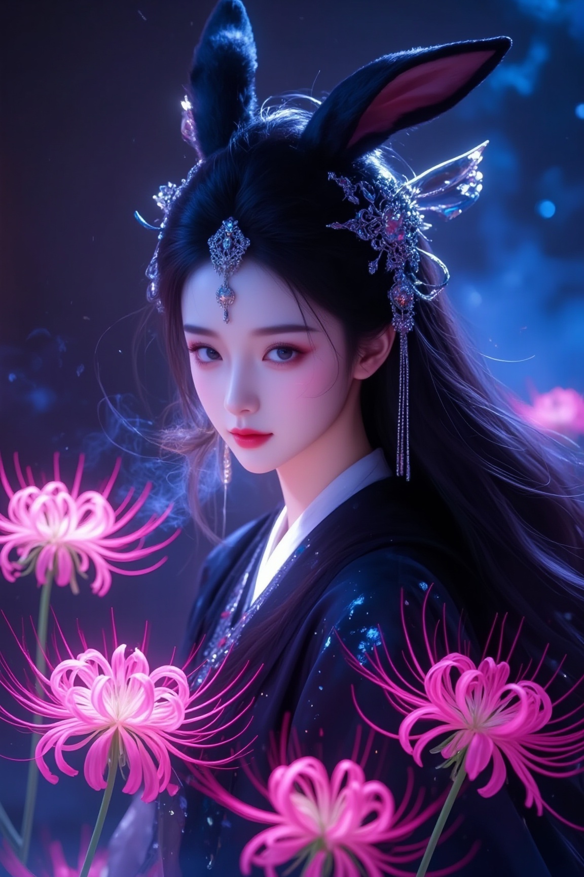 <lora:YY-拽姐F.1:1>,a young woman in a fantastical, ethereal setting. She is a delicate, ethereal figure with pale skin and long, flowing black hair adorned with intricate, ornate headgear resembling rabbit ears. Her eyes are large and expressive, with a serene, almost dreamlike gaze. She wears a dark, flowing gown with a high collar, and her face is painted in a delicate, otherworldly fashion, with a hint of blue and pink hues. The background is a blend of deep purples and blues, with a soft, misty quality, creating a dreamlike atmosphere. The woman is surrounded by vibrant, glowing pink lilies, their delicate petals adding a touch of surreal beauty to the scene. The artwork is highly detailed, with a realistic texture to the fabric of her dress and the petals of the flowers. The overall mood is one of mystique and enchantment, with a blend of fantasy and romance. The artwork is reminiscent of traditional East Asian aesthetics, but with a modern, digital touch, showcasing the artist's skill in blending traditional and contemporary elements.