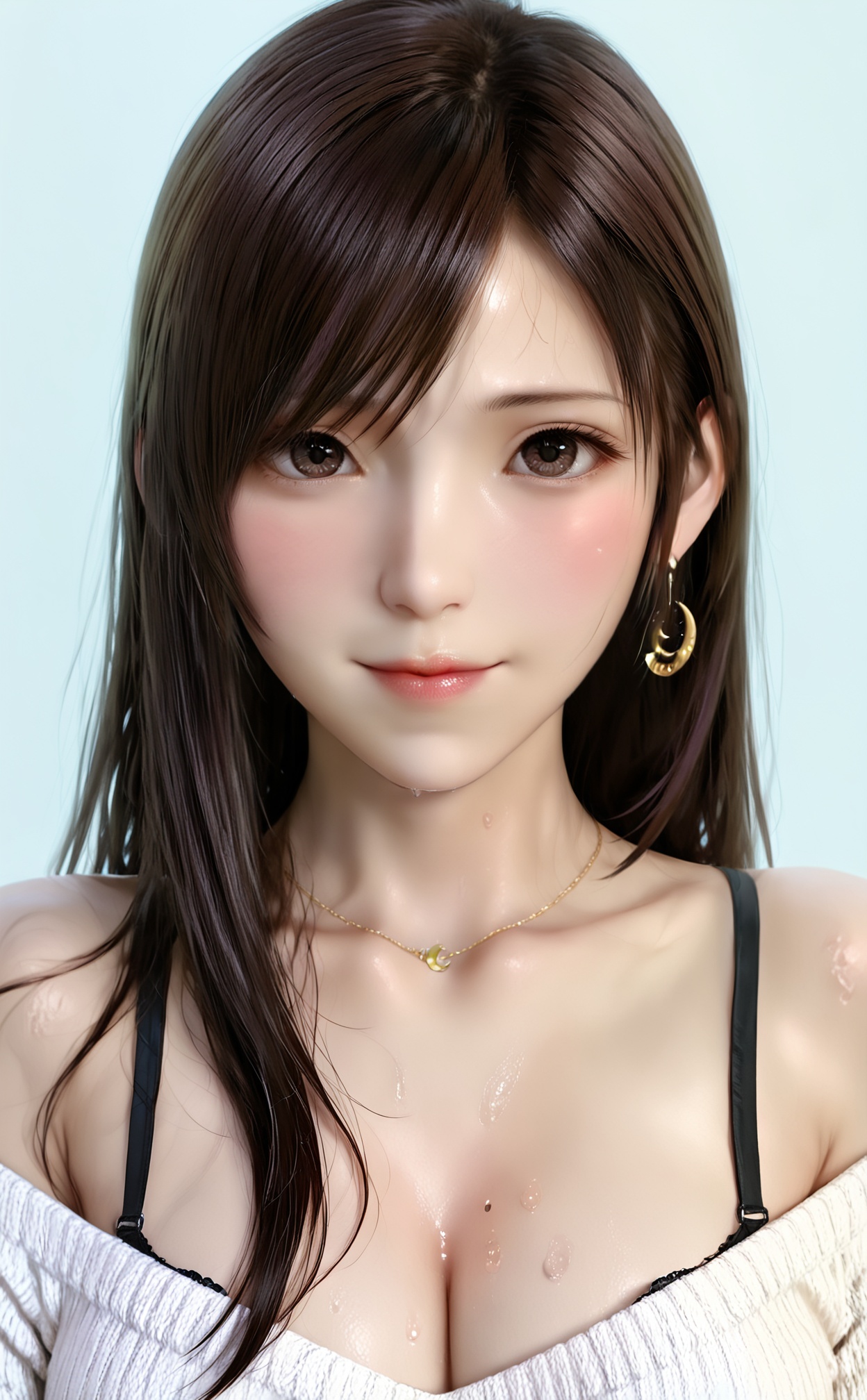 masterpiece,very aware,highres,absurdres,newest,best quality,high quality,loli,petite,chromatic_aberration,//,1girl, breasts, solo, jewelry, earrings, cleavage, long_hair, sweater, wet, tifa_lockhart, necklace, looking_at_viewer, upper_body, off_shoulder, brown_hair, brown_eyes, off-shoulder_sweater, bare_shoulders, lips, white_sweater, swept_bangs, collarbone, photorealistic, sweat, closed_mouth, asian, large_breasts, medium_breasts, simple_background, bra_strap, crescent_earrings, wet_hair, pink_lips, wet_clothes, hair_over_shoulder, drop_earrings, ribbed_sweater, eyelashes, single_earring, blush, black_hair, mole, white_background, artist_name, nose, blue_background, dripping, makeup, lipstick, mole_on_body, light_smile, border, red_lips, water_drop, grey_sweater, straight-on, black_eyes, hoop_earrings//,year_2023,year_2024,//,