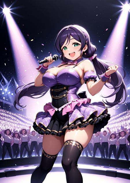 tojo nozomi, wearing a sexy idol outfit, twintails, standing on stage in front of a crowd, singing and dancing, dynamic pose, holding microphone, stage lights, smile,, masterpiece,best quality,amazing quality,