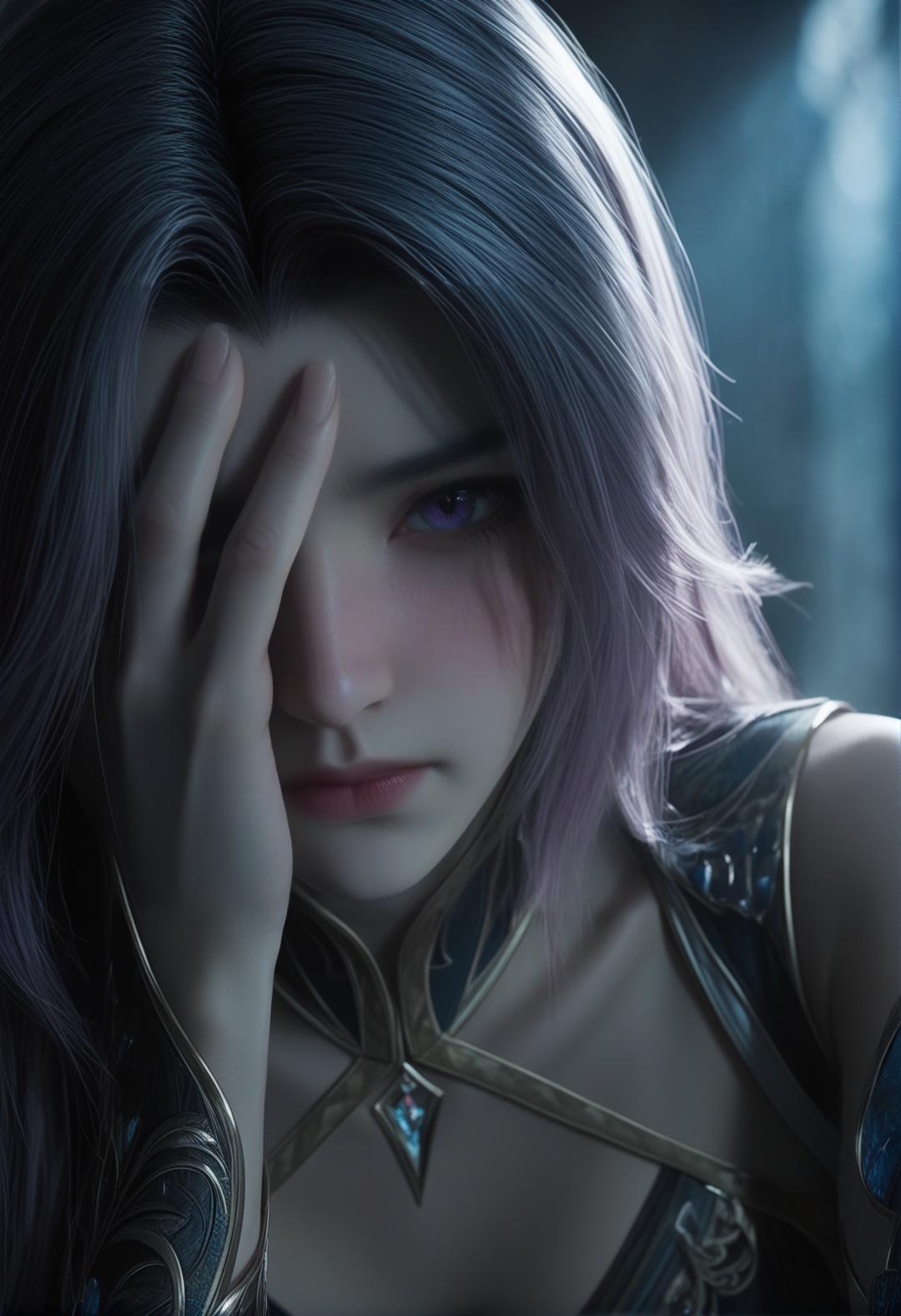 masterpiece,best quality,amazing quality,high resolution,ultra-detailed,absurdres,(looking at viewer:1.1),upper body,(moody lighting:1.1),1girl,solo,long hair,makeup,BREAKcollarbone,sheer overlay,bare shoulders,jewelry BREAK photorealistic details,facepalm,shy,blush,<lora:王秋儿gh:0.7>,