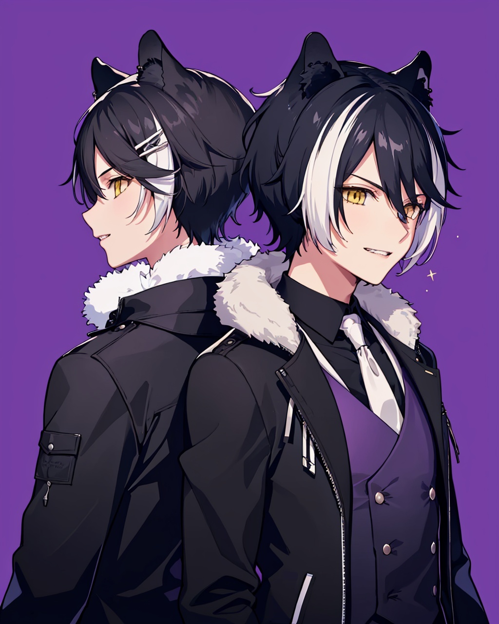 masterpiece,best quality, highly detailed, kageyama shien, virtual youtuber, male focus, white necktie, 2boys, black gloves, black coat, fur-trimmed coat, upper body, purple background, adjusting gloves, black shirt, stole, earrings, hairclip, striped background, half gloves, jacket, back-to-back, teeth, double-breasted, grin, v-shaped eyebrows, collared shirt, tail, white shirt, parted lips,<lora:kageyama_shien:1>