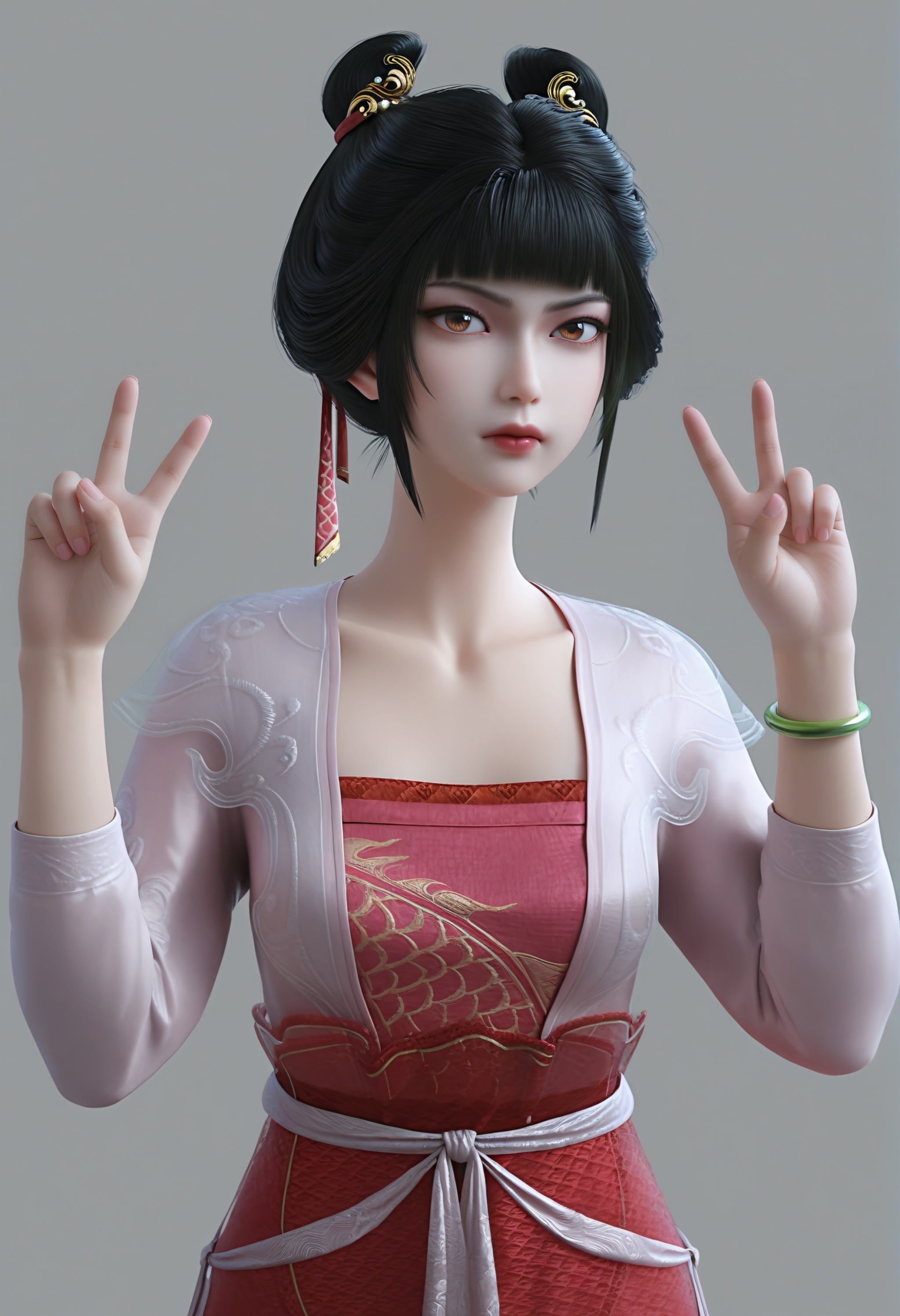 (score_9),<lora:稚圭-Apony:0.86>,zigui,solo,1girl,black hair,hair ribbon,hair ornament,hair bun,bangs,see-through,hanfu,belt skirt,sash,bracelet,(green jade bracelet),<lora:perfect-eyes:0.8>,(front view:1.1),brown eyes,double v,mature,glamor,collarbone,puffy breasts,pointy_breasts,OverallDetail,(white_skin),(Ivory_skin),simple background,grey background,ambient occlusion,((Subsurface Scattering)),<lora:e色温:0.5>,<lora:e肤色滑块:0.5>,<lora:SkinRealityOrg_ponyv6_loraplus:0.25>,<lora:Expressive_H:0.8>,<lora:detailed_notrigger:0.8>,