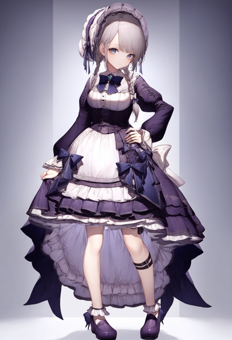masterpiece, best quality<lora:sd_xl_dpo_lora_v1-128dim:1>,1girl, solo, long hair, dress, blue eyes, braid , bonnet, grey hair, full body, twin braids tie, frills, very long hair, long sleeves, hand on hip, looking at viewer, frilled dress, blue bow, flower, standing, blue bowtie, breasts, purple footwear, twintails, bangs, parted bangs, thigh strap, white bow, white background, layered dress, shoes, hand up  , <lora:hitoimimXLlokr4f-000053:1>