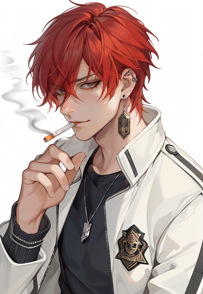 (best quality), ((masterpiece)), (highres), illustration, original, extremely detailed,  <lora:ACG ART_Vl:0.7>1boy, solo, male focus, cigarette, white background, simple background, shirt, black shirt, piercing, smoking, ear piercing, short hair, jewelry, looking at viewer, jacket, red hair, upper body, holding, white jacket, hair between eyes, earrings, long sleeves