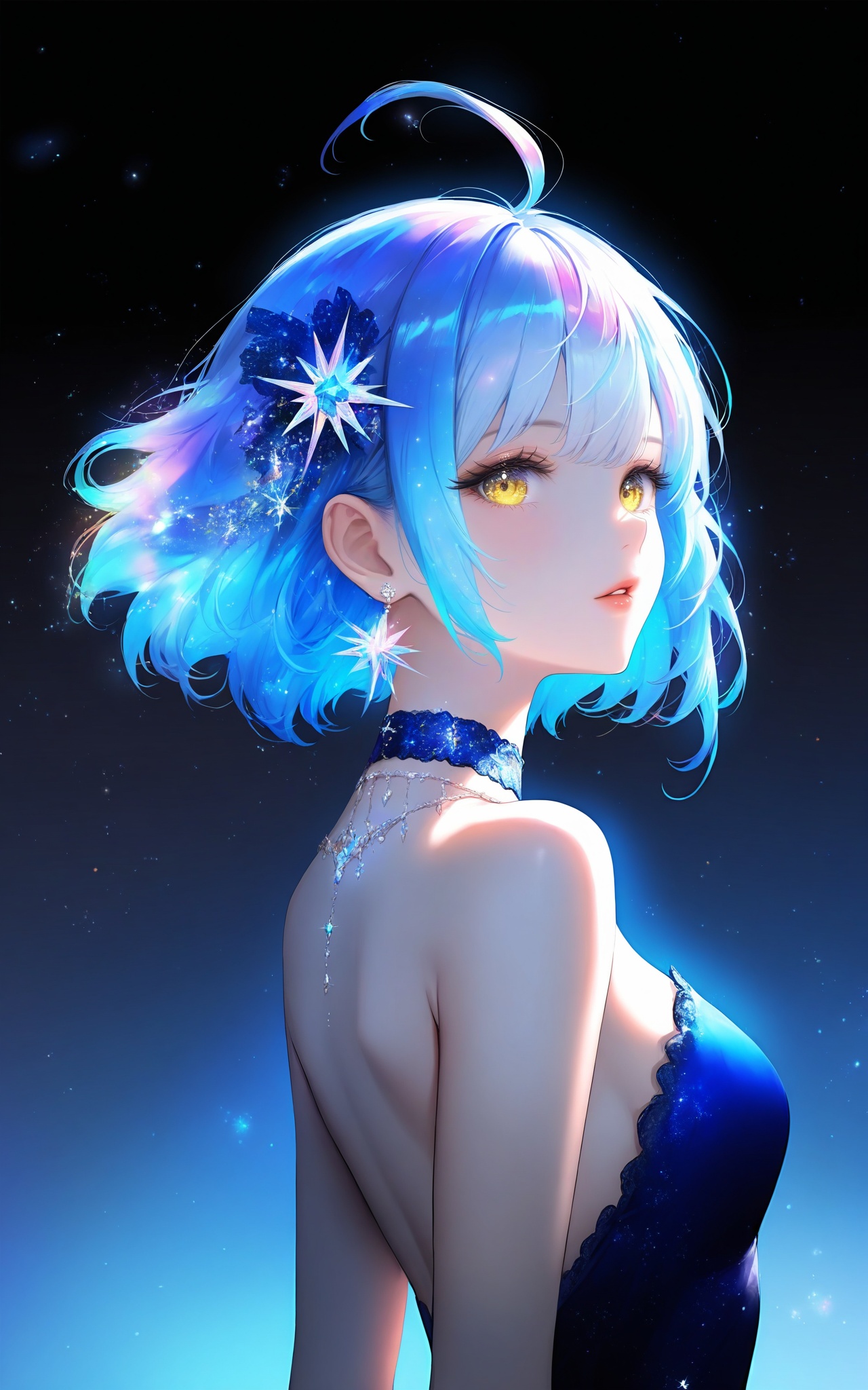 8k,best quality,masterpiece,(ultra-detailed),(high detailed skin),colorful,<lora:noobai_v-niji style-v2-000020:0.8>,niji style,enhance light and shadow,1girl,solo,dress,short hair,upper body,blue dress,parted lips,looking at viewer,breasts,hair ornament,yellow eyes,choker,blue hair,white hair,bare shoulders,jewelry,backless outfit,star (sky),small breasts,looking back,backless dress,strapless dress,lips,from side,sparkle,multicolored hair,light particles,strapless,ahoge,earrings,eyelashes,sidelocks,