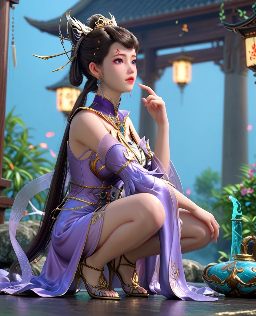 (oriental architecture, elegant decor, sophisticated style:1.1),(squatting:1.1),(breasts:1.2),<lora:XL师兄啊狐狸精小兰:0.95>,miss xiaolan,purple tight dress,forehead butterfly mark,mole under right eye,black hair,twintails,hair bun,blue eyes,bare shoulders,earrings,jewelry,hair ornament,blue gemstone,detached sleeves,shawl,, score_9,score_8_up,score_7_up,score_6_up,score_5_up,score_4_up,3d rendering,tag1,tag2, Cinematic Lighting,backlighting,