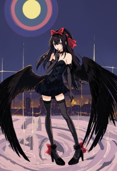 masterpiece, best quality,1girl, solo, akuma homura, akemi homura, long hair, gloves, purple eyes, wings, black hair, elbow gloves, looking at viewer, black gloves, dress, finger to mouth , breasts, thighhighs, hair bow, moon, feathered wings, bare shoulders, argyle, bangs, argyle legwear, black wings, black dress, choker, high heels, full moon, red hairband, smile, red bow, very long hair, shushing, cleavage, strapless, night, ribbon, hairband, strapless dress , <lora:焦茶XLlokr8f-000188:0.95>