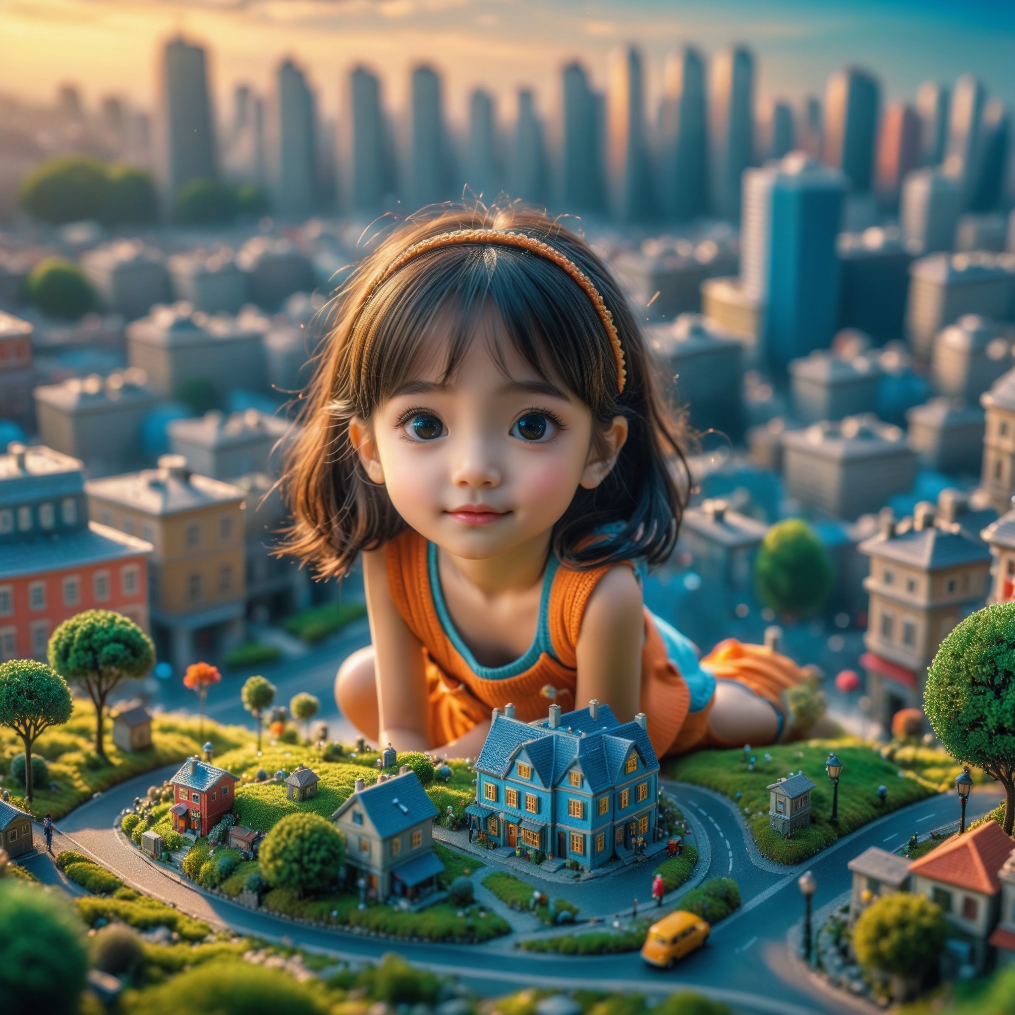 Best quality,masterpiece,ultra high res,highly detailed,8k,HD,extremely beautiful,a girl,micro world,city background,