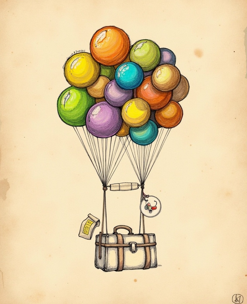 A whimsical, hand-drawn illustration of a hot air balloon filled with colorful, textured spheres, floating above a vintage steamer trunk. The background is a textured beige paper, adding a nostalgic feel. The hot air balloon has a playful, hand-drawn style with loose, sketchy lines and shading. The spheres are variously colored in shades of orange, yellow, green, blue, and purple, creating a vibrant and lively scene. The trunk below is detailed with a suitcase handle and a small tag, adding a sense of adventure and travel. The image is signed by the artist in the bottom right corner. <lora:flux_线条插画:1>