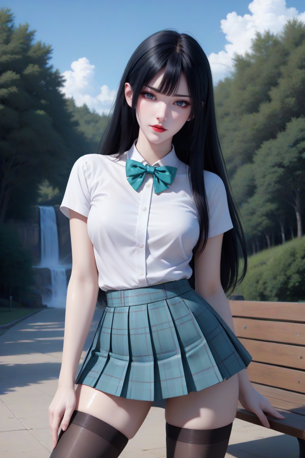 <lora:cailin_bth_v6:0.7>,cailin_bth,1girl,solo,long hair,looking at viewer,red lips,bangs,closed mouth,masterpiece,high quality,highres,absurdres,best quality,8K,high-res detailed,white shirt,turquoise bow,bowtie,turquoise skirt,plaid skirt,red pleated skirt,shiny legwear,looking at viewer,standing,cowboy_shot,dynamic pose,outdoors,day,waterfall,sky,cloud,park,park bench,lamppost,<lora:DetailedEyes_V3:0.5>,<lora:sh-glossy_r2:0.5>,black_thighhighs,beautylegs,<lora:beautylegs_x1v02:0.5>,