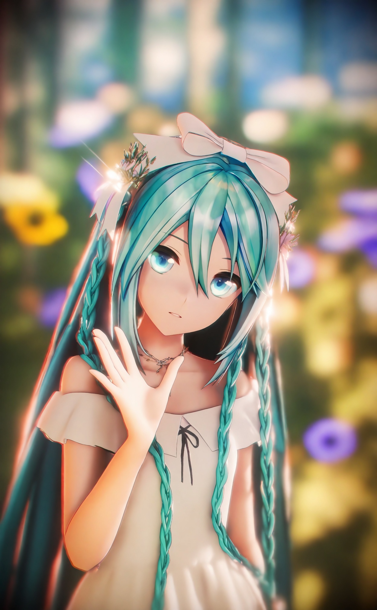 masterpiece,absurdres,best quality,loli,petite,high quality,chromatic_aberration,//,1girl, hatsune_miku, solo, blurry, long_hair, looking_at_viewer, blurry_background, hair_between_eyes, depth_of_field, upper_body, hair_ornament, aqua_eyes, aqua_hair, parted_lips, flower, white_dress, hand_up, bokeh, outdoors, blue_eyes, bow, hair_bow, blue_hair, dress, ribbon, white_bow, braid, head_tilt, bare_shoulders, waving, twintails, twin_braids, hair_ribbon, outstretched_hand, jewelry, necklace, reaching, shirt, expressionless, reaching_towards_viewer, hair_flower, photo_background, collarbone, white_ribbon//,Depth of field,(colorful),hdr,Tyndall effect,depth of field,Tyndall Effect,blurry,blurry_background,depth_of_field,bokeh,glowing,//,Depth of field,(colorful),hdr,Tyndall effect,depth of field,Tyndall Effect,blurry,blurry_background,depth_of_field,bokeh,glowing,//,<lora:MMDguangwuran5——【noob】hans:1.1>,