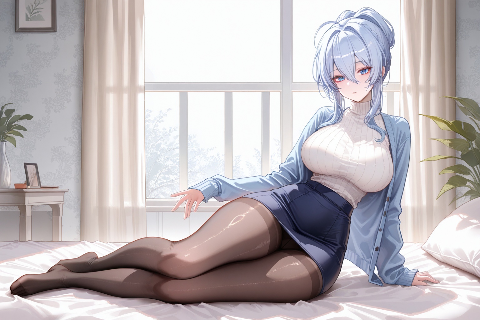 best quality,amazing quality,very aesthetic,absurdres,best quality,amazing quality,very aesthetic,absurdres,{{{{shiny skin}}}},{{{{oiled}}}},detail eyes,wallpaper,artist:aibek,artist:gwan-e,artist:kein_v,artist:liaowen,artist:sea_nami,artist:tansuan_(ensj3875),artist:ask_(askzy),artist:ciloranko,year 2023 BREAKcurvy,(narrow waist:1.1),<lora:Mifuyu Yukino:0.8>, -Mifuyu Yukino, 1girl, solo, breasts, pantyhose, skirt, blue eyes, large breasts, sweater, curtains, sitting, blue hair, window, hair between eyes, indoors, sidelocks, jacket