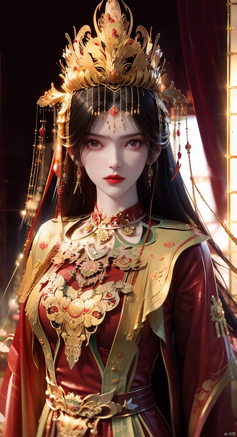 LiMuWan,1girl,artist name,bangs,black eyes,black hair,chinese clothes,crown,floral print,gem,gold,jewelry,lips,lipstick,long hair,looking at viewer,makeup,red lips,solo,earrings,hair ornament,necklace,red dress,Red cloth shoes,indoor, traditional wedding, festive, wedding<lora:EMS-80191-EMS:0.200000>, <lora:EMS-414257-EMS:0.800000>