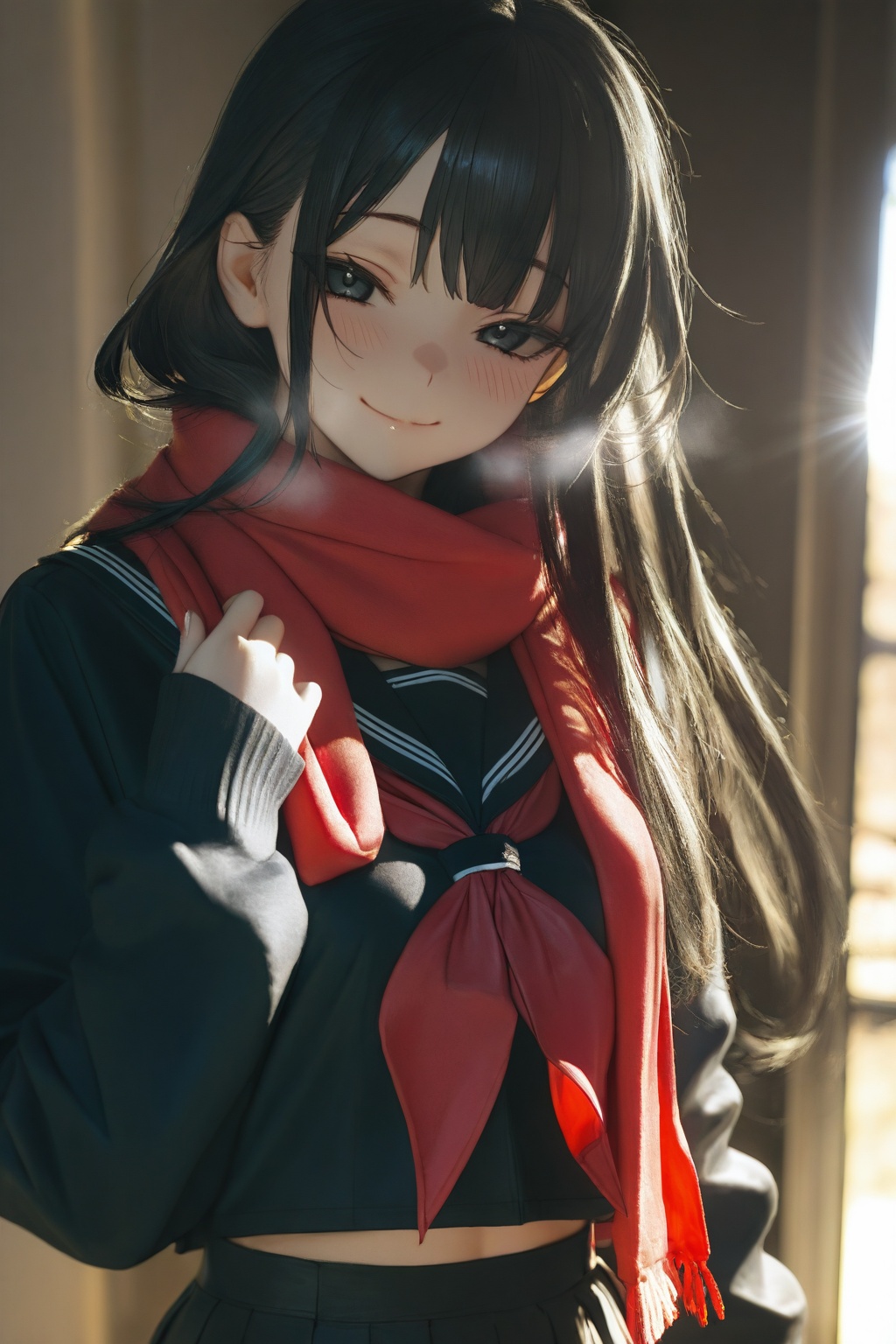 highres,absurdres,very awa,masterpiece,best quality,year 2024,newest,flat color,lineart,chiaroscuro,Natural Light,Mood Lighting,cinematic lighting,volumetric lighting,ray tracing,dramatic shadows,dappled light,photo background,\\,1girl,solo,<lora:Zombie-Style-000059:0.9>,\\,(upper body:1.6), 1girl, solo, red scarf, long hair, scarf, skirt, school uniform, serafuku, black eyes, black hair, blush, looking at viewer, neckerchief, smile, black skirt, pleated skirt, long sleeves, red neckerchief, closed mouth, midriff peek, shirt, black serafuku, breath, sleeves past wrists, black shirt
