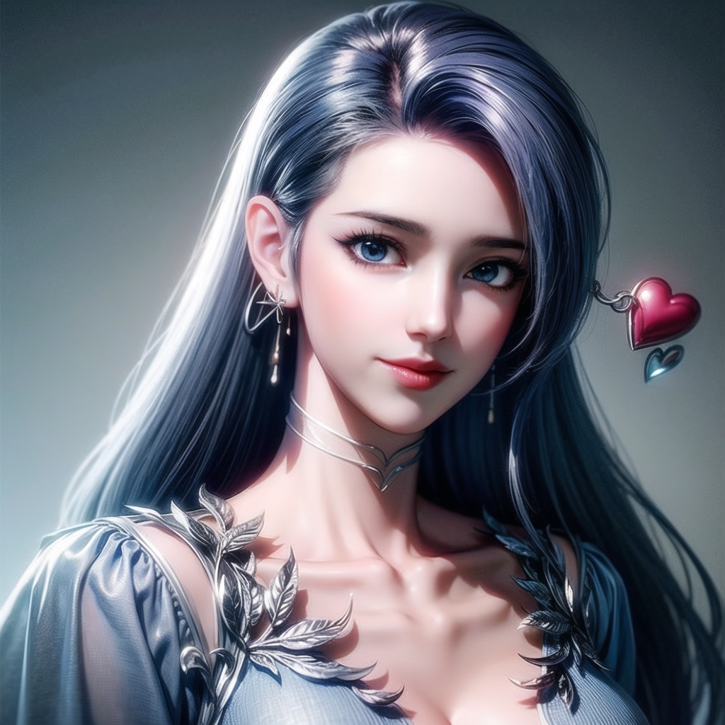 masterpiece,best quality,illustration,anime,simple gray background,upper body,ayin,1girl,solo,earrings,jewelry,blue eyes,blue hair,long hair,hair ornament,heart,dress,breasts,smile,closed mouth,blue dress,looking at viewer,lips,<lora:add_detail:1>,<lora:ayin_20240311205344:0.7>,