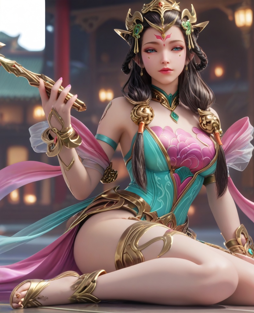 (oriental architecture, elegant decor, sophisticated style:1.1),(Sitting with poise, shoulders back and head held high, she exudes authority and grace, a true vision of royalty:1.1),(breasts:1.2),(veil:1.1),<lora:XL16王者荣耀杨玉环:0.95>,miss yangyuhuan,green stain mermaid evening gown,pink bra,blue eyes,mole under eye,eyeshadow,forehead mark,black hair,long hair,braid,hair ornament,makeup,bare shoulders,pink silk shawl,bracelet,belt,anklet,, score_9,score_8_up,score_7_up,score_6_up,score_5_up,score_4_up,3d rendering,tag1,tag2, Cinematic Lighting,backlighting,, zPDXL3, zPDXL2,zPDXL, zPDXLxxx, zPDXLrl,