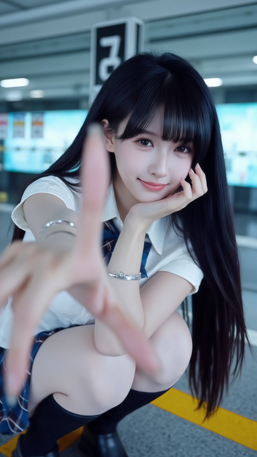 The image is a photograph of a young Asian woman with long, straight black hair and fair skin, posing in a modern, indoor parking garage. She is crouching down and leaning forward with her right hand resting on her cheek, and her left hand extended towards the camera, slightly out of focus, creating a sense of depth. She has a gentle, inviting smile and is looking directly at the camera with soft, brown eyes. She is wearing a white, short-sleeved blouse with a blue and black plaid bow tie, and a matching blue and black plaid skirt. Her outfit is complemented by black knee-high socks and black shoes. On her left wrist, she wears a thin, silver bracelet. The background features a blurred view of the parking garage, with visible signs and a bright, blue-lit wall. The floor is gray with yellow markings, and the lighting is bright, highlighting her smooth skin and the shine in her hair. The overall composition of the photograph emphasizes her approachable and friendly demeanor, with a slight focus on the extended hand, adding a dynamic element to the image.