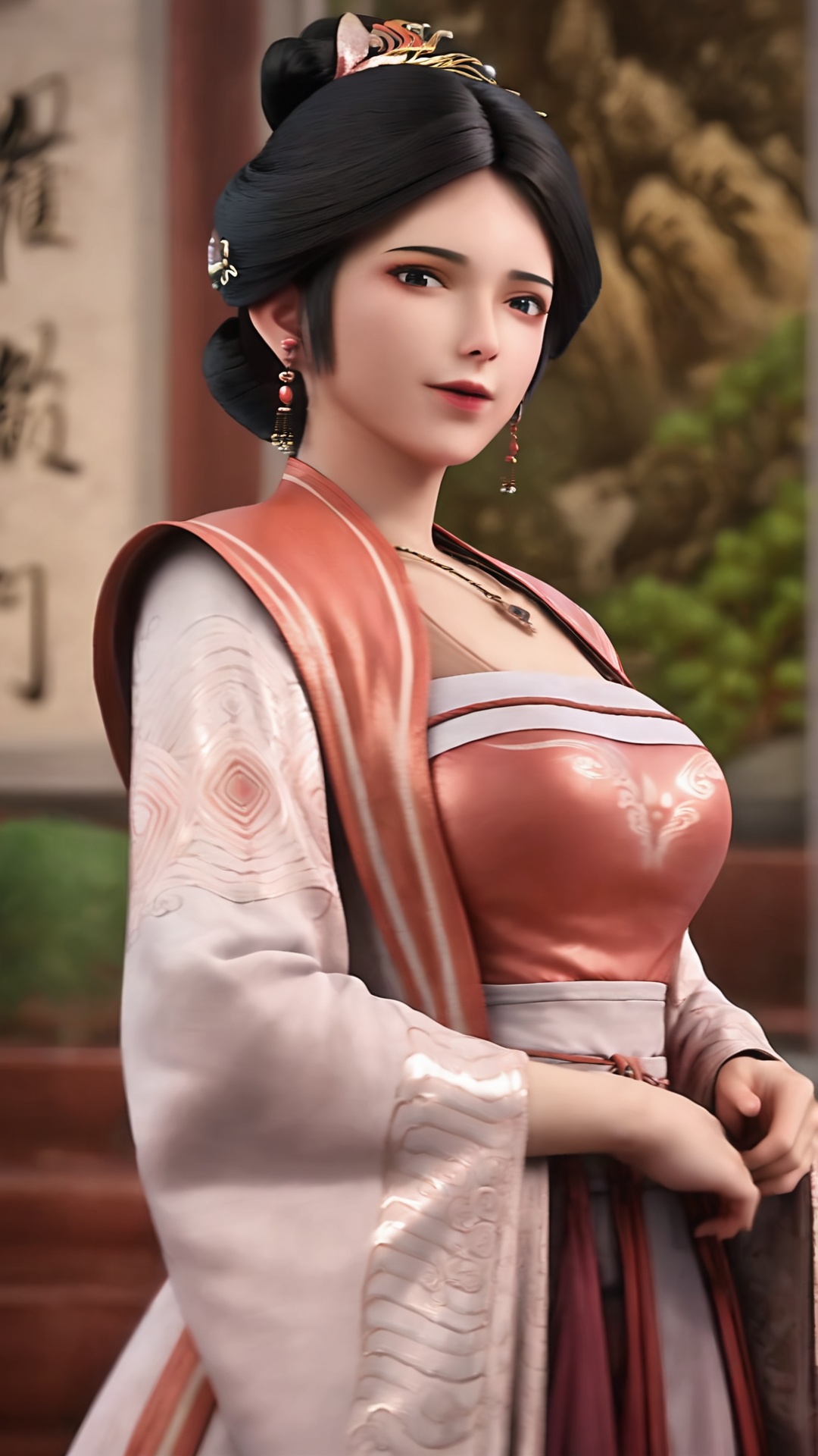 1girl,jewelry,chinese clothes,solo,earrings,black hair,necklace,blurry background,hanfu,hair ornament,holding,dress,looking at viewer,upper body,realistic,long sleeves,blurry,wide sleeves,black eyes,<lora:lora.by_tusi:0.8>,