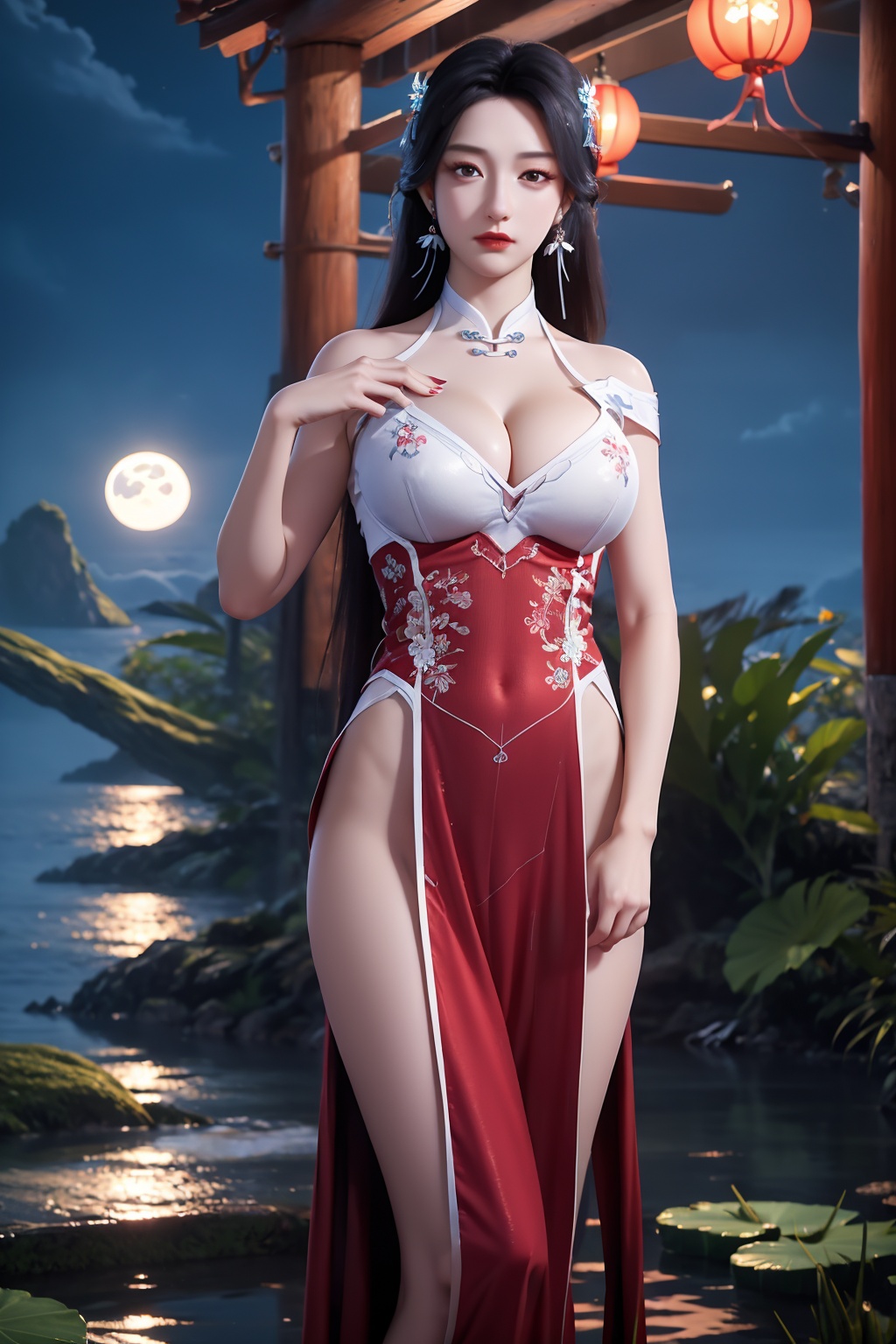 standing,dress,chinese clothes,flower,full_moon,moon,night,lily_pad,lotus,moonlight,nipples,water,night_sky,lily_\(flower\),sky,partially_submerged,1girl,solo,hair ornament,realistic,nail polish,photo_\(medium\),(big breasts, cleavage),makeup,(8k, RAW photo, best quality, masterpiece:1.2),(realistic, photorealistic:1.3),ultra-detailed,extremely detailed cg 8k wallpaper,(crystalstexture skin:1.2),extremely delicate and beautiful,(sexy pose:1.2),chinese dress,