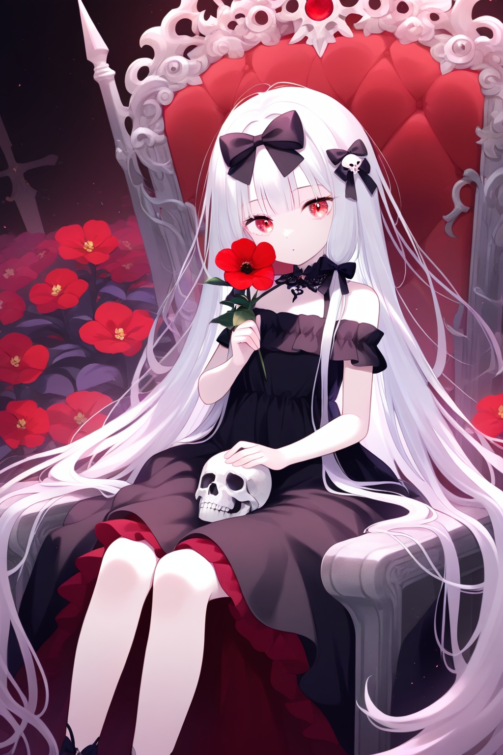 1girl, solo, long hair, looking at viewer, bangs, red eyes, dress, bow, holding, bare shoulders, sitting, very long hair, flower, white hair, hair bow, black dress, black bow, red flower, pale skin, holding flower,throne,skull,