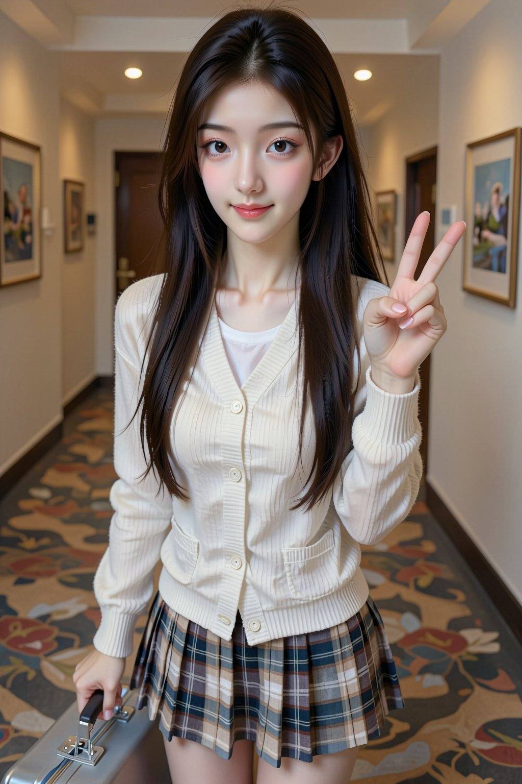 A young East Asian woman,  appearing to be in her late teens or early twenties,  stands in a hotel hallway. She has long o...