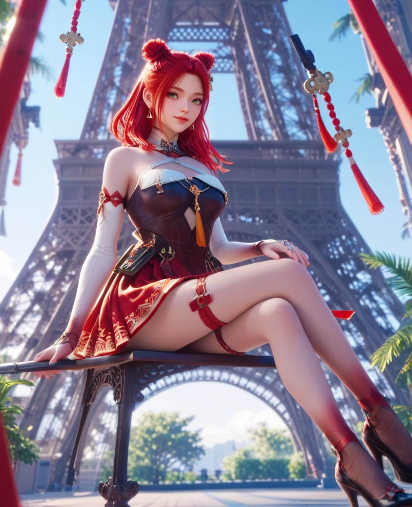 (oriental architecture, elegant decor, sophisticated style:1.1),(Seated on a swing, looking playful,:1.1),(breasts:1.2),<lora:XL16穿越火线二胡少女虹儿:0.95>,miss honger,chocolate  bodice,(red miniskirt:1.2),green eyes,red hair,long hair,double bun,earrings,jewelry,bare shoulders,bridal gauntlets,ring,thigh strap,black footwear,, score_9,score_8_up,score_7_up,score_6_up,score_5_up,score_4_up,3d rendering,tag1,tag2, Cinematic Lighting,backlighting,, zPDXL3, zPDXL2,zPDXL, zPDXLxxx, zPDXLrl,