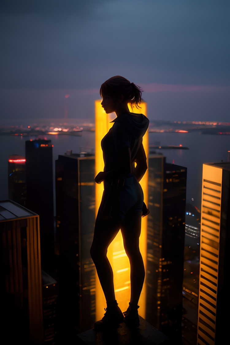 cinematic_angle,close-up,wide_shot,medium_shot,looking_back,1 girl,realistic photography,a lonely figure standing on top of a skyscraper,looking out at the city at dusk. The silhouette of the figure below the brightly lit skyline adds a sense of drama and contemplation to the scene.,
