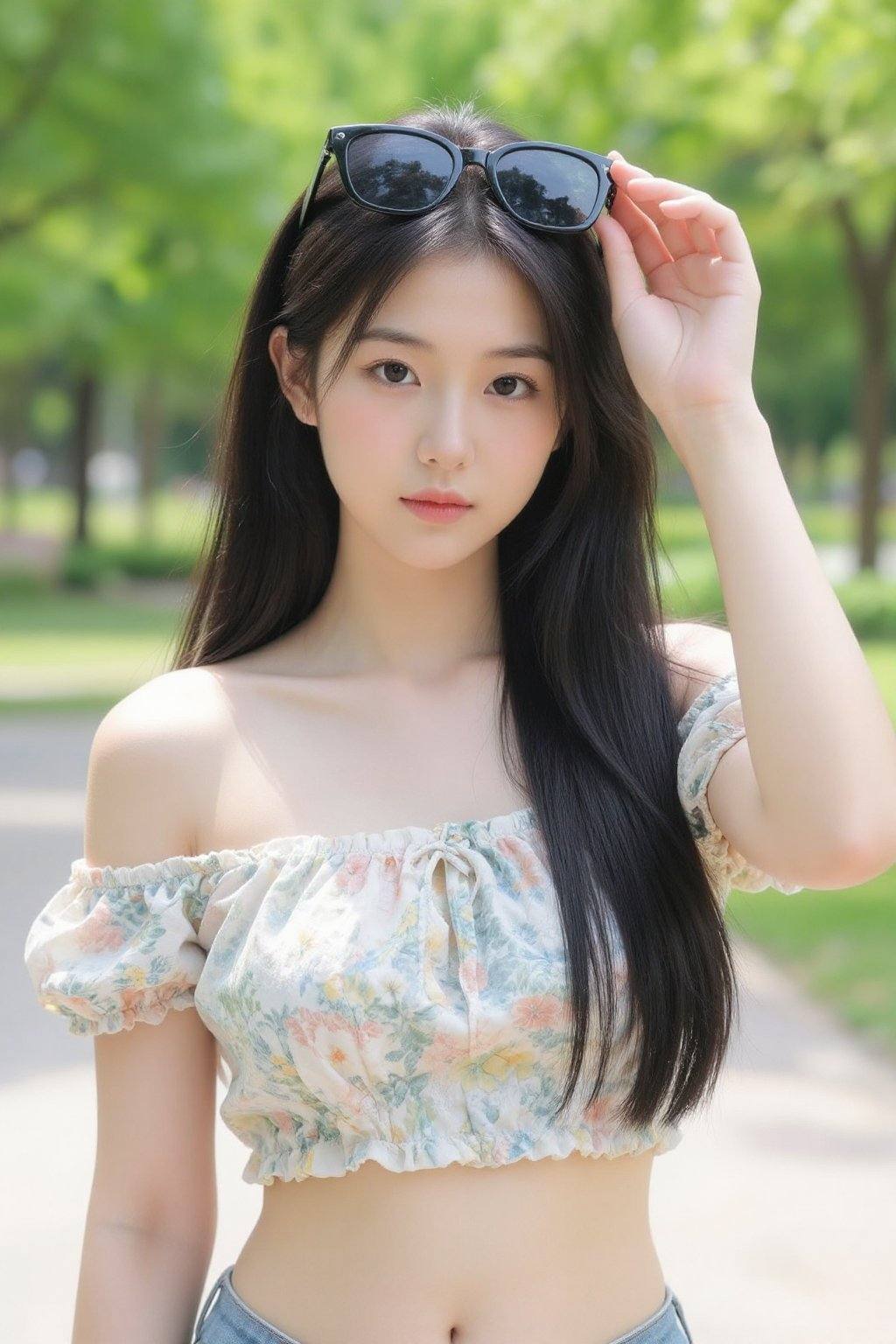 This photograph captures a young East Asian woman with fair skin and long, straight, black hair. She wears a floral off-shoulder top in pastel colors and has a slim physique. Her expression is neutral, and she gazes directly at the camera. She holds black sunglasses in her right hand, resting them atop her head. The background is a bright, sunlit park with green foliage and a blurred path, suggesting a serene outdoor setting. The image is sharp with vibrant colors, highlighting the natural beauty and relaxed atmosphere.