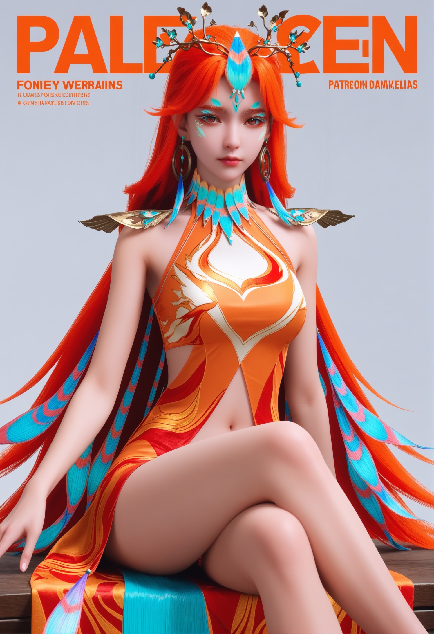 score_9,score_8_up,score_7_up,1girl,solo,realistic,(looking at viewer:1.1),1girl,solo,realistic,dress,long skirt,orange dress,red dress,multicolored wings,blue feathers,beads,clothing cutout,wings,phoenix,1girl,solo,realistic,jewelry,tiara,headdress,horns,crown,feather trim,feathers,hair ornament,feather hair ornament,necklace,feather earrings,hoop earrings,earrings,gold earrings,1girl,solo,realistic,(mature face:1.2),big eye,(pale_skin:1.1),shiny_skin,slender face,long hair,orange hair,red hair,red eyes,brown eyes,blue eyeshadow,forehead mark,forehead jewel,makeup,facepaint,facial mark,eyeshadow,red eyeshadow,mascara,eyelashes,colored eyelashes,lipstick,navel,closed mouth,realistic,orange_theme,solid background,simple background,(magazine cover theme:1.15),sitting,(crossed_legs:1.4),white chair,<lora:小巳-柳七月-根基姿态:0.85>,
