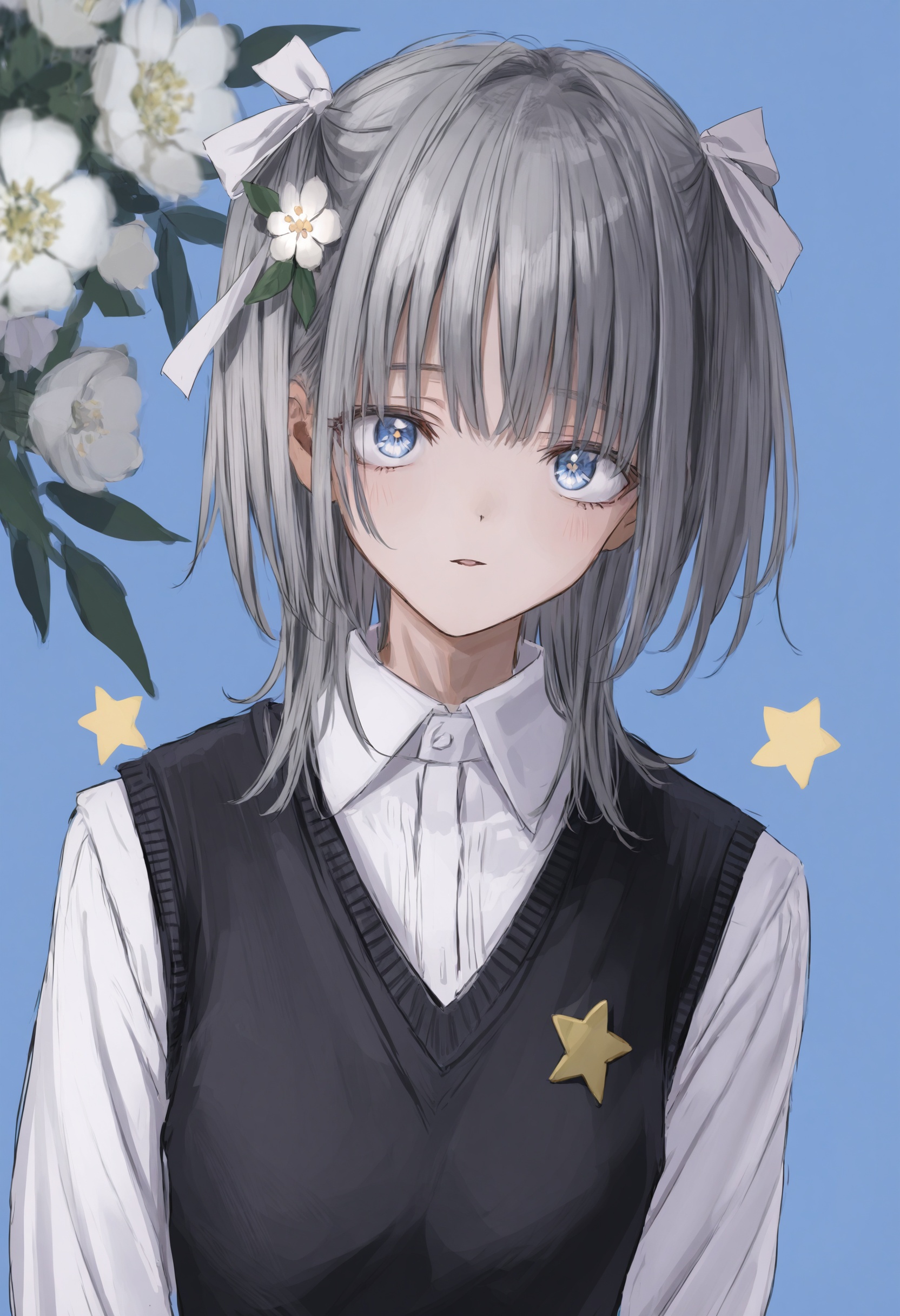 1girl,    solo, flower, ribbon, grey hair, star \(symbol\), blue eyes, bangs, looking at viewer, white flower, parted lips, upper body, portrait, shirt, hair ornament, white shirt, long sleeves, short hair with long locks, hair flower, white ribbon, blue background, collared shirt, sweater vest, hair ribbon, masterpiece, best quality <lora:GUXLlokr8f-000183:0.95>