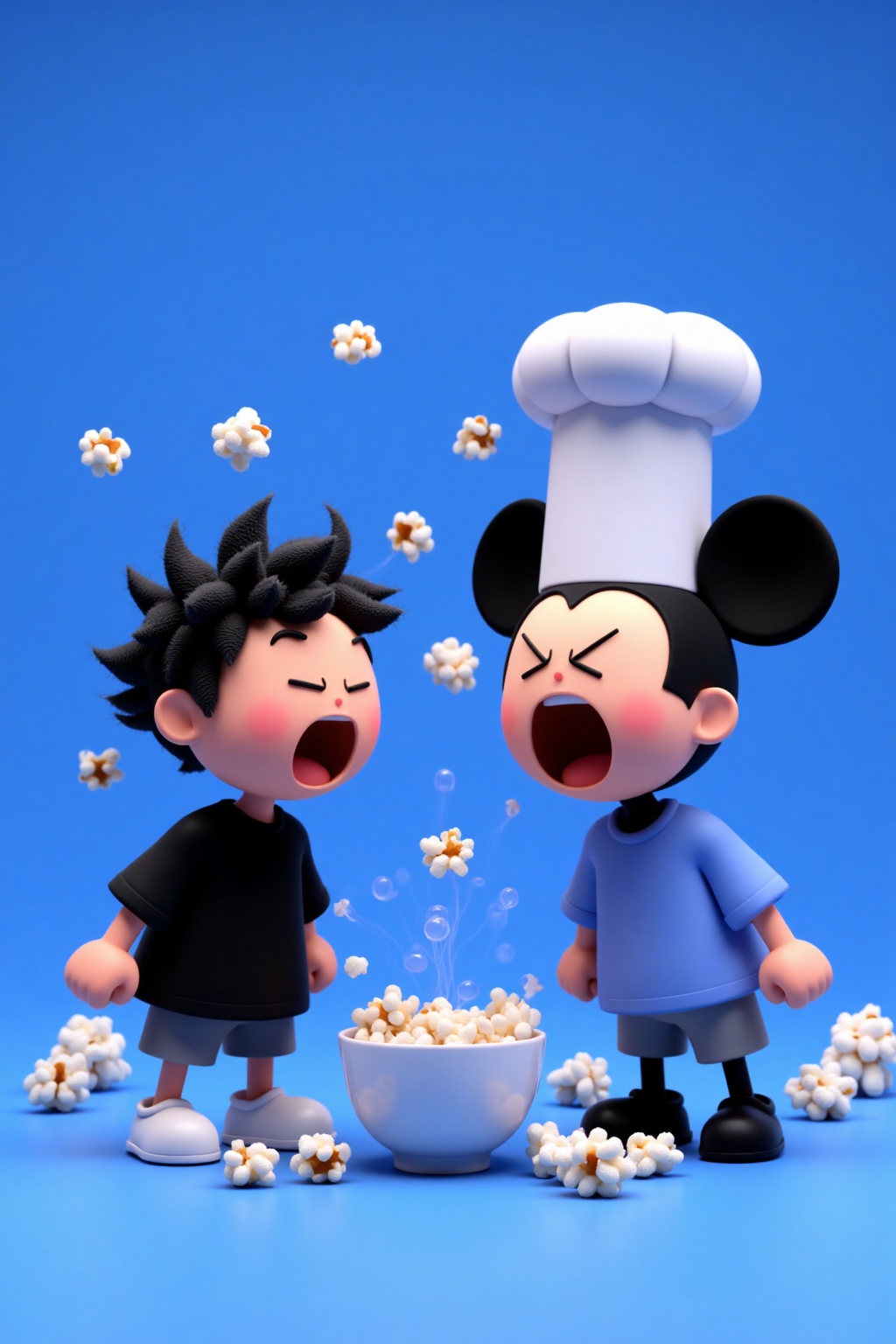 beijihui,Captured on a vibrant blue backdrop,two cartoon characters are standing in front of a white bowl. The character on the left is wearing a black short sleeve shirt,gray shorts,and white shoes. The person on the right is a Mickey Mouse character,wearing a white chef's hat and a blue shirt. His mouth is open,as if he is screaming. His ears are pointed up,and his eyes are closed. The background is a deep blue,and there are white popcorn bubbles floating in the air.,