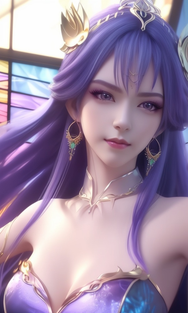 (,1girl, ,best quality, ),looking at viewer, <lora:388-DA-百炼成神-天穹-云洛-黑化:0.8> ,,ultra detailed background,ultra detailed background,ultra realistic 8k cg,,, (close-up portrait),(upper body:1.22),(realistic:1.11),(Photo-referencing),HDR,Studio Lighting,Soft Lighting, ,, a slender petite little girl,Delicate muscle lines,(Skinny body),(solo:1.5),( looking at viewer:1.22),The white shiny skin, (smirk:1.2),(dynamic pose),, (very long payot),,parted bangs, (floating hair), (jewelry:1.17), necklace, earrings,(colorful:1.27),(stained glass background),(),(()),, 1girl, purple_hair, solo, breasts, earrings, jewelry, hair_ornament, long_hair, , cleavage,  large breasts, lips, looking_at_viewer, makeup,full body, 