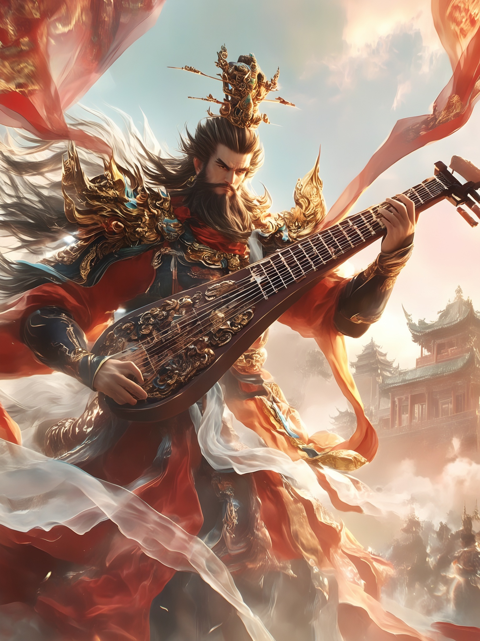 shenzu,The image depicts a majestic figure,adorned in elaborate traditional armor,playing a large,intricately designed string instrument. The character's attire is rich with ornate details,including a crown-like headpiece and flowing robes. The background features a grand architectural structure,possibly a temple or palace,with a warm,golden light illuminating the scene. The overall atmosphere is one of grandeur and power,suggesting a historical or mythical setting.,
