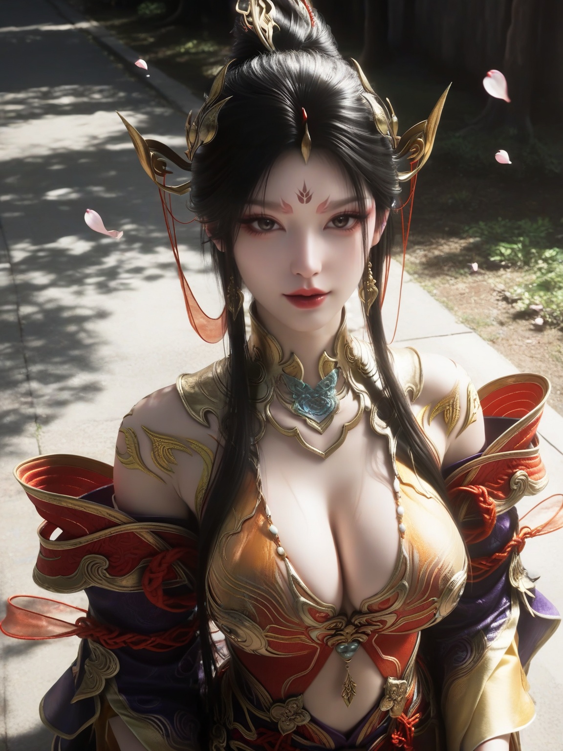 masterpiece,ultra-HD,photorealistic,high detail,best quality,8k,best quality,sharp focus,ray-tracing,1girl,SFNanGongJin,breasts,large breasts,long hair,hair ornament,black hair,lipstick,red lips,dress,detached sleeves,forehead mark,falling petals,eyelashes,makeup,solo,looking at viewer,standing, enchanting expression,outdoors, <lora:SF_NanGongJin_IL_Real-000004:0.7>,
