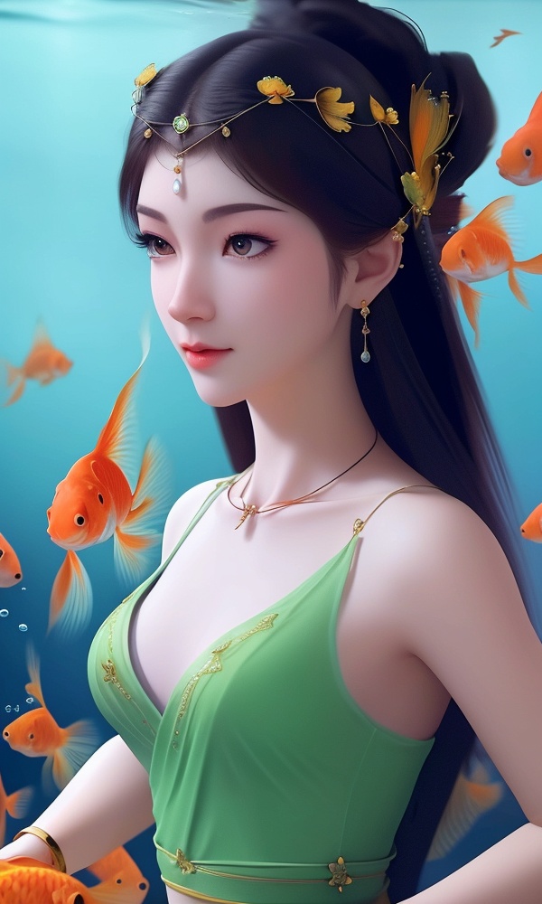 (,1girl, ,best quality, ),looking at viewer, <lora:408-DA-凡人修仙传-卓如婷:0.8> ,, ,masterpiece, ((((, solo,  goldfish, ,solo focus, ,underwater, )))) ,ultra realistic 8k cg,   clean, masterpiece,     cinematic lighting, cinematic bloom,  (( , )),, , unreal, science fiction, luxury, jewelry, diamond, gold, pearl, gem, sapphire, ruby, emerald, intricate detail, delicate pattern, charming, alluring, seductive, erotic, enchanting, hair ornament, necklace, earrings, bracelet, armlet,,(()), 