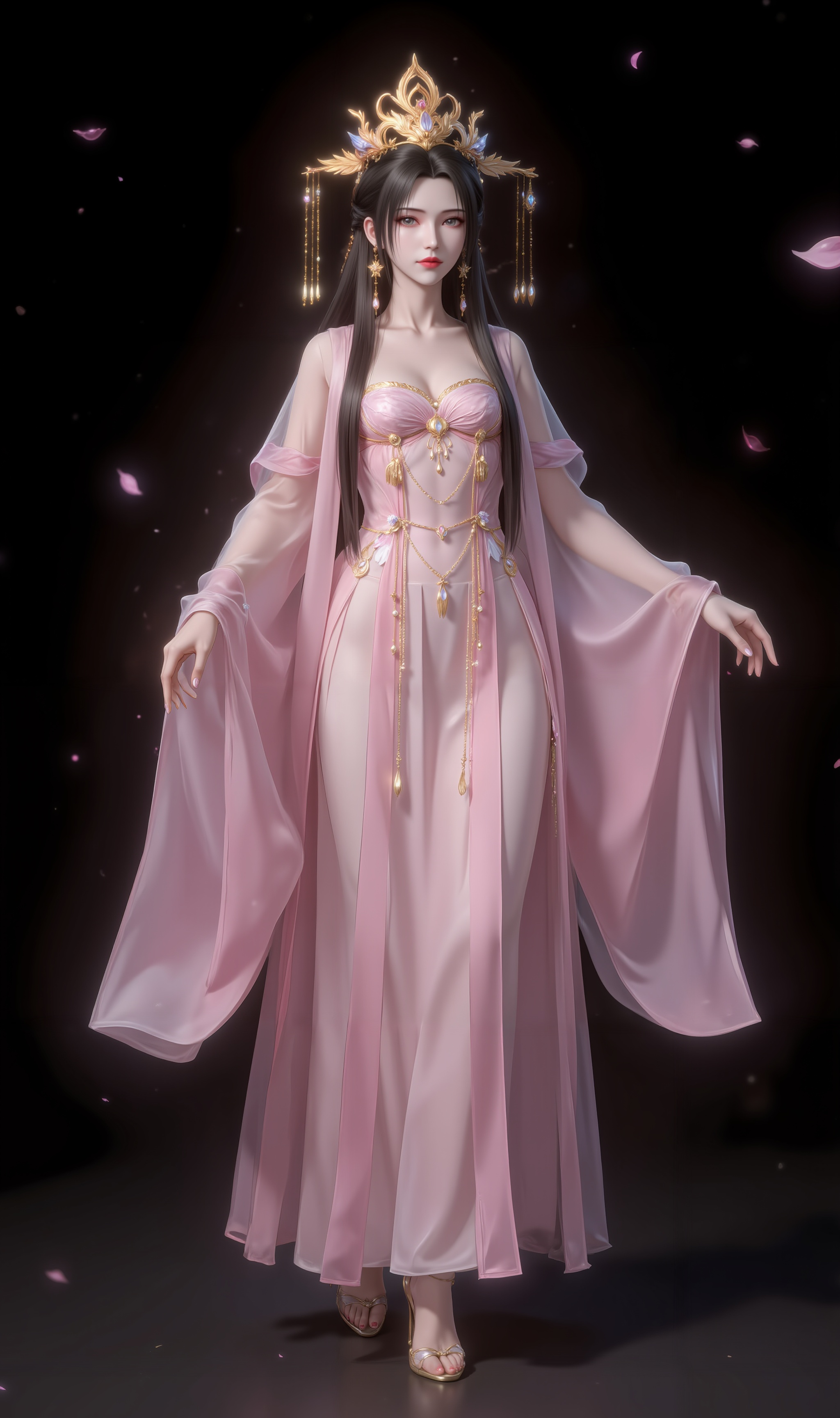 <lora:汉服1·人物百搭款6:1.1>,fuzhuang,1girl,solo,dress,chinese clothes,hanfu,pink dress,standing,long sleeves,jewelry,wide sleeves,black_background,simple background,high_heels,<lora:李慕婉·衣服百搭款6:1.1>,limuwan,black hair,long hair,grey eyes,jewelry,earrings,crown,phoenix_crown,(large breasts:1.2),cover,gradient background,close-up details,outstanding style,adding a touch of dimension to your images without compromising details,close-up,<lora:DJ滤镜_2.5D版:0.3>,lvjing,<lora:油画唯美滤镜15:0.2>,baoshi,