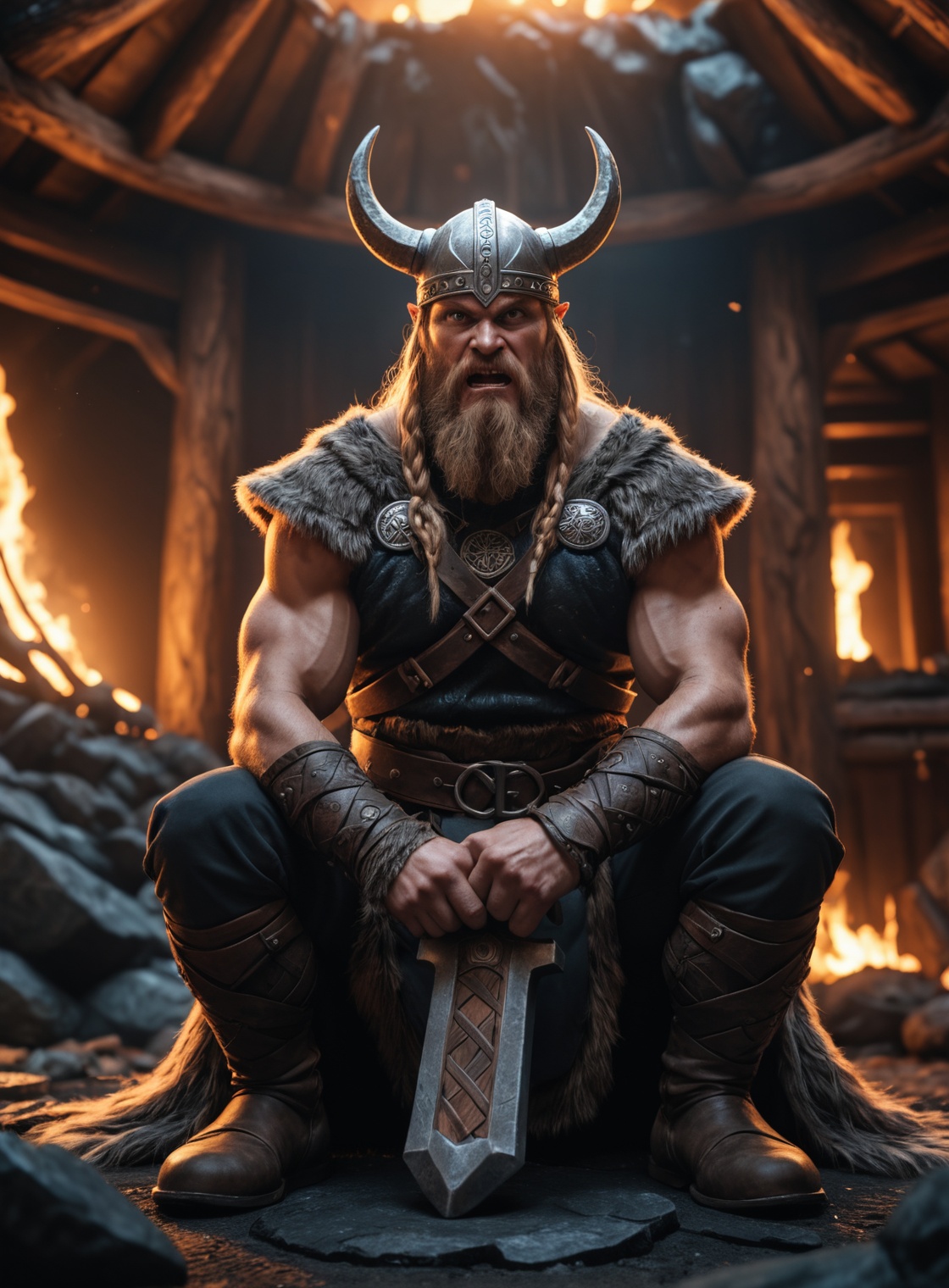 (Closeup an angry viking holding Mjolnir sitting near Yggdrasil epic pose epic light glowing runes),  Wide angle,  chaotic...
