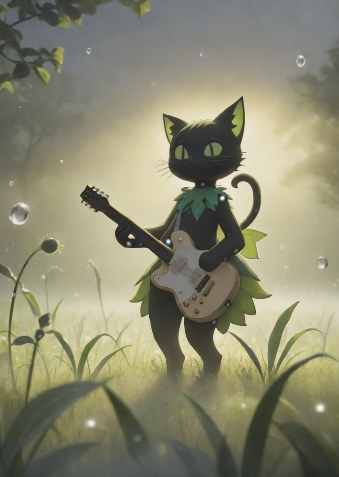 realistic detailed image, ((full body, the black cat plays the guitar)), lilligant, [sunny iridescence on dew drops], epic, cinematic photography with a clear focus, 16k hdr, volumetric lighting, depth of field, hyperrealism of fog and haze, bright colors and textures, unique patterns of nature as an artist, very stunning landscapes