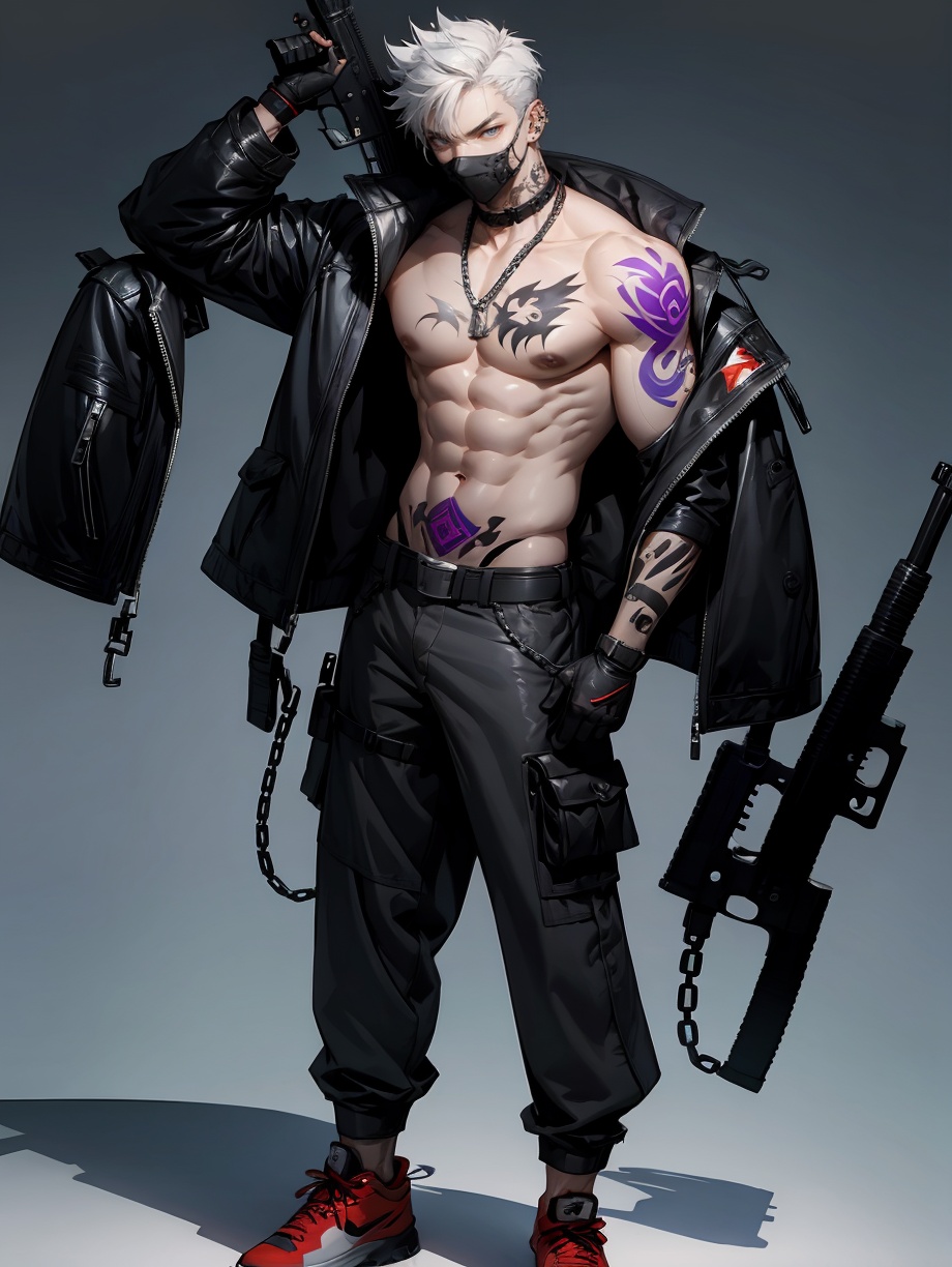 hezi, Cyberpunk, Sotai, 1boy, weapon, mask, male focus, abs, tattoo, gun, solo, jacket, pants, shoes, gloves, mouth mask, pectorals, belt, white background, open clothes, muscular, muscular male, bare pectorals, open jacket, simple background, white hair, piercing, navel, looking at viewer, black pants, rifle, black gloves, black jacket, collar, short hair, chain, stomach tattoo, ear piercing, blue eyes, jewelry, standing, full body, bara, arm tattoo, black belt, sneakers, black mask, large pectorals, necklace, grey eyes, nipples, earrings, assault rifle, covered mouth, underwear, holding, chest tattoo, dog tags, no shirt, shield, neck tattoo, buckle, scar, holding weapon, bangs, chain necklace, male underwear, choker, spiked hair, black collar, collarbone, grey hair, watch, thong, stomach, hand in pocket, nipple piercing<lora:索泰:0.7>