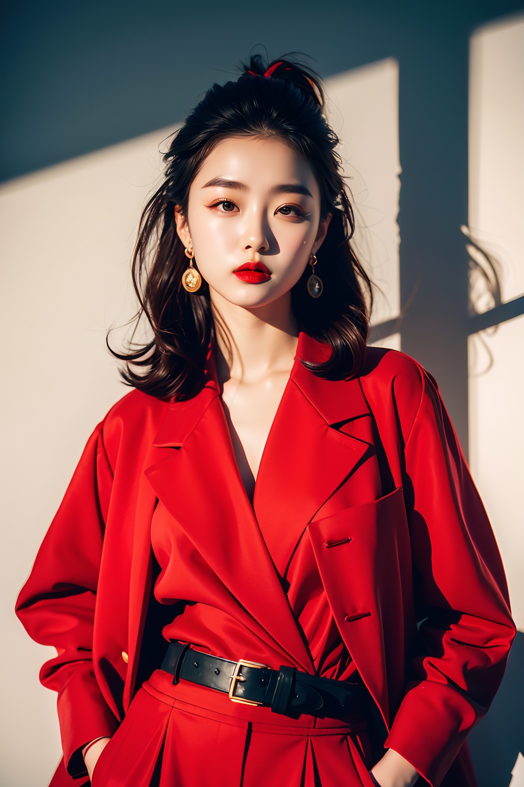 1girl, solo, jewelry, earrings, black hair, formal, suit, red lips, lipstick, pants, red shirt, jacket, long hair, makeup, shadow, looking at viewer, hands in pockets, belt, shirt